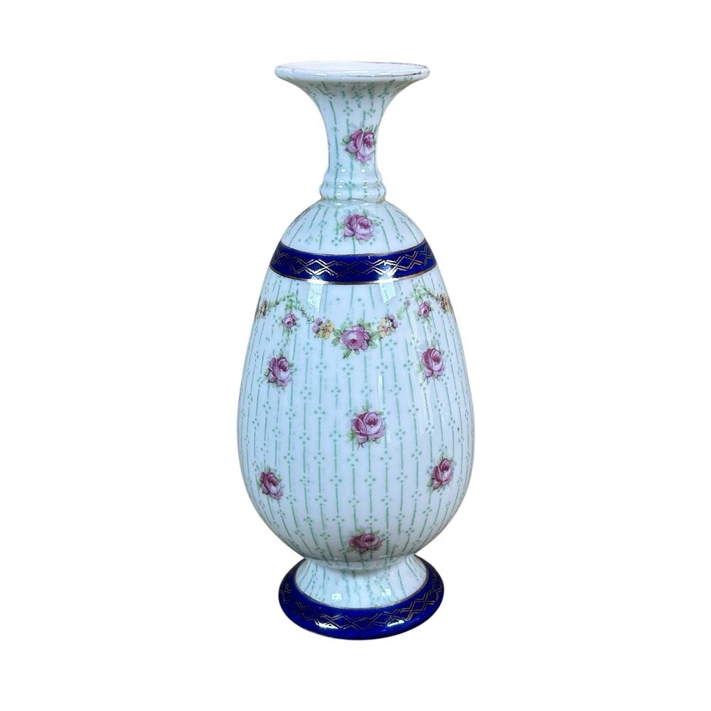 Antique Bohemian Rose Cobalt Cabinet Vase Czechoslovakia Gilt Porcelain